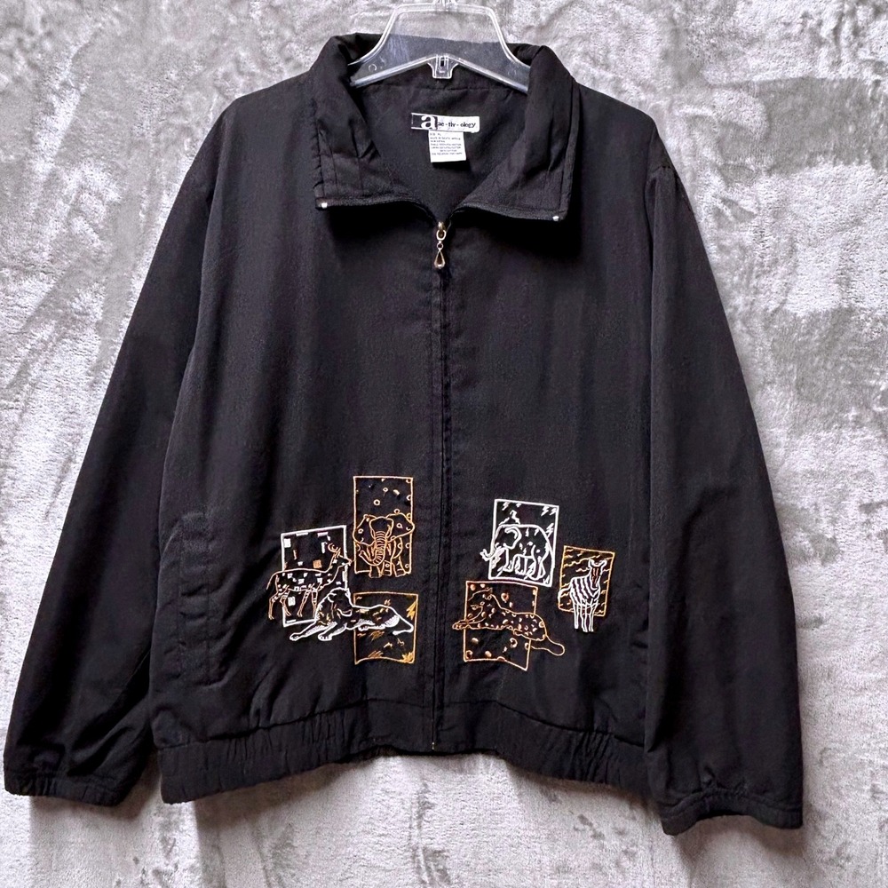 Activology Black Animal Embroidered Bomber Jacket Womens PL Full Zip Lightweight